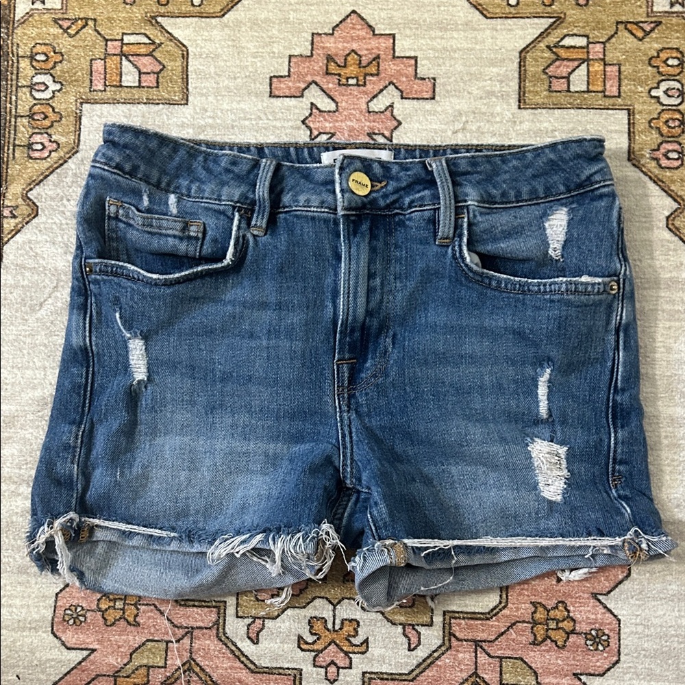 ✨ FRAME ✨ EUC Le Grand Garçon Denim Jean Shorts Raw Hem Size 24
